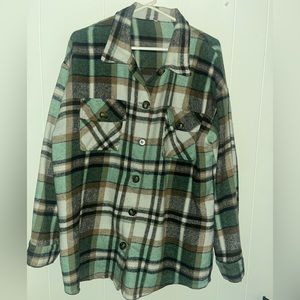 Flannel jacket aka shacket, from Amazon. Button down long flannel
